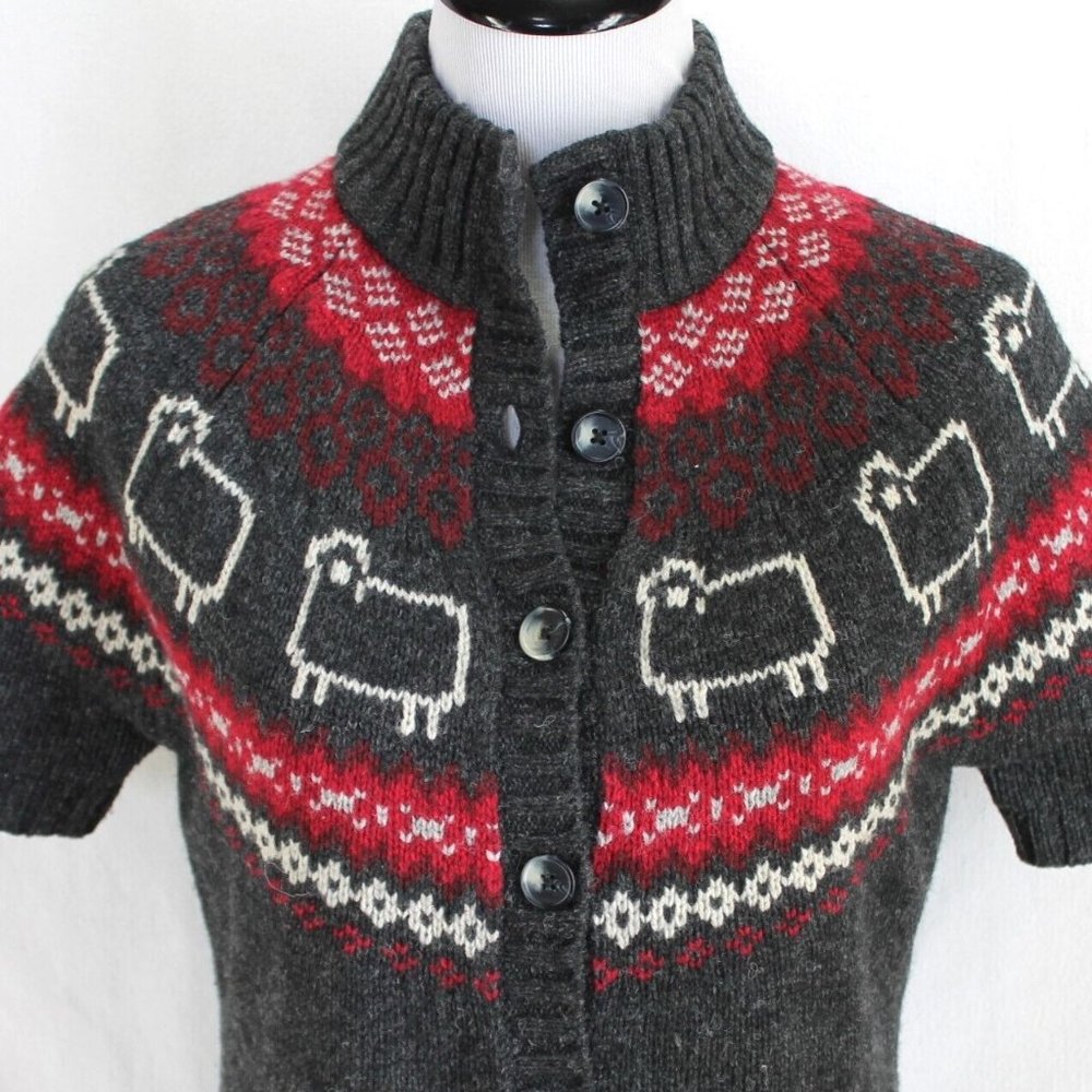 Woolrich Wool Blend Sweater Womens Size M Gray Red Sheep Short Sleeve Cardigan - Picture 2 of 8